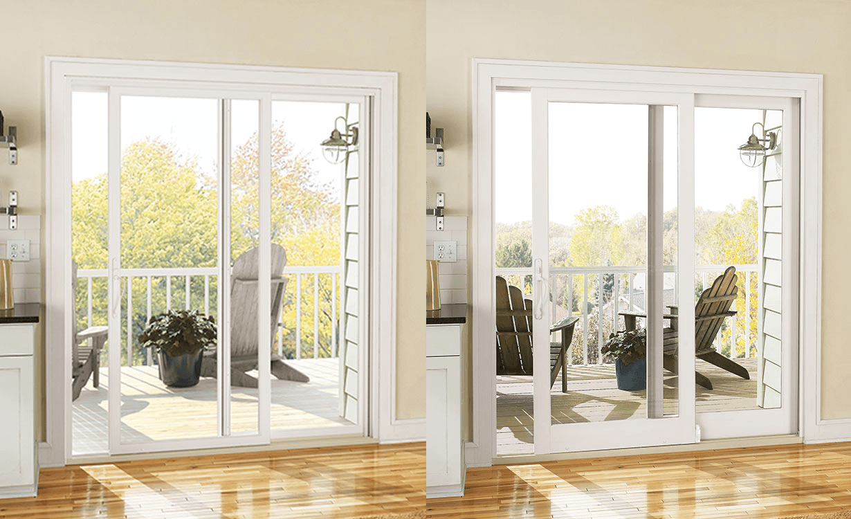 Side by side of a white sliding patio door on the left and a sliding French door on the right.